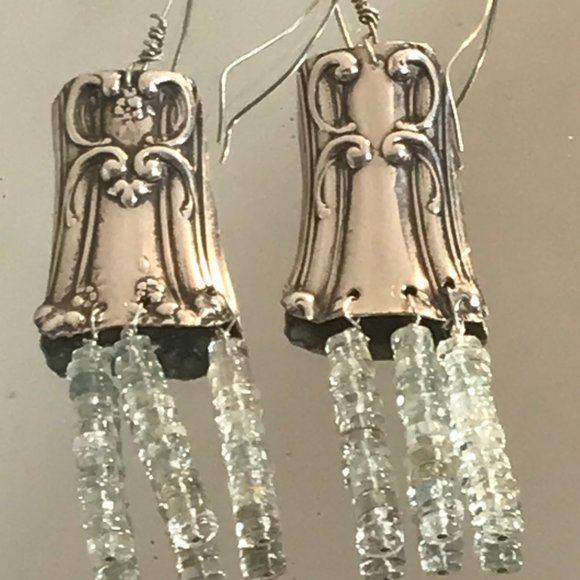 Antique Obsessions Jewelry - Genuine Blue Aquamarine Gemstone Antique Sterling Silver 925 Earrings Dangle